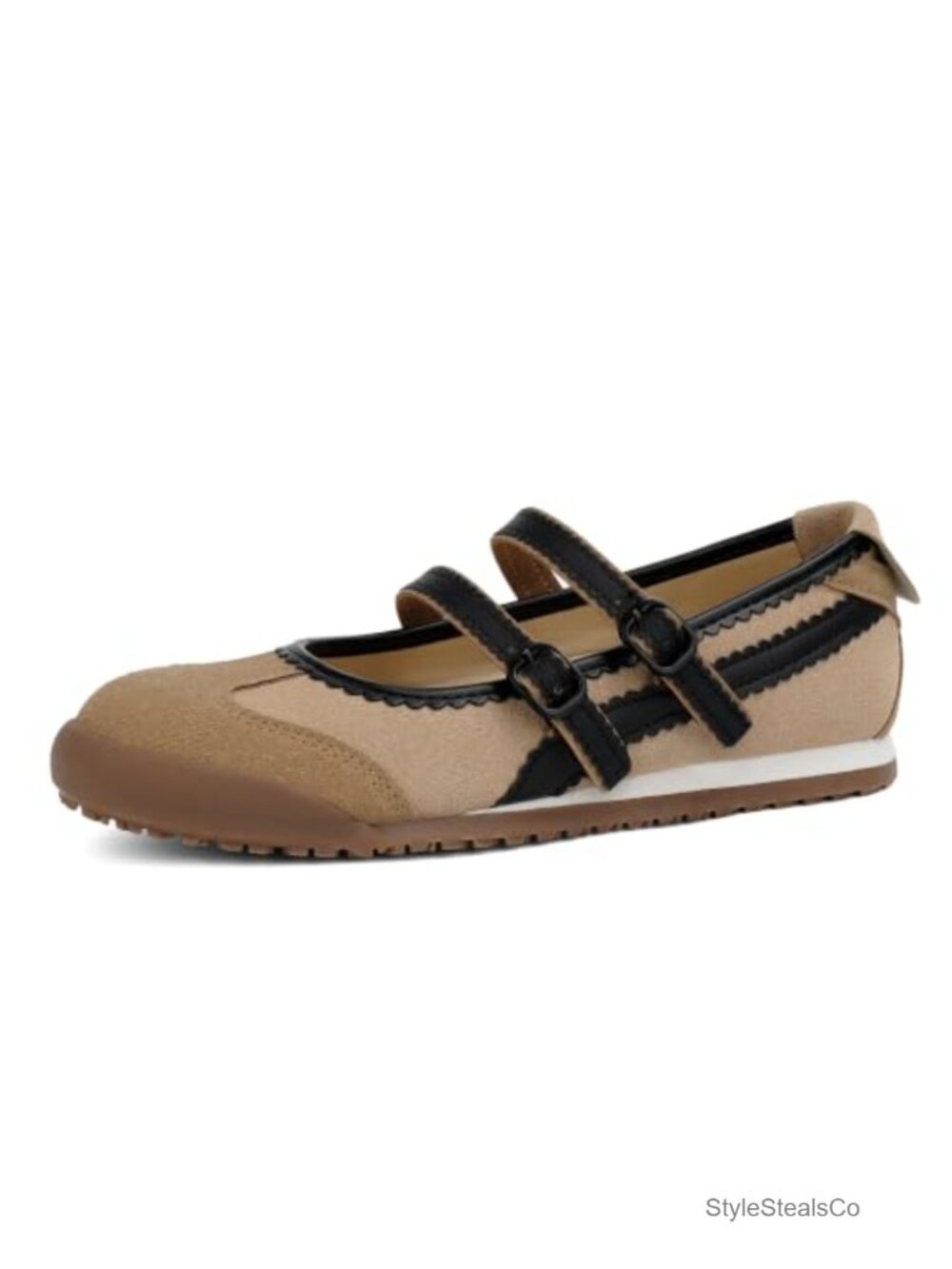 Women's Mary Jane Fashion Sneakers Two Strap Round Toe Ballet Flats Faux Leather